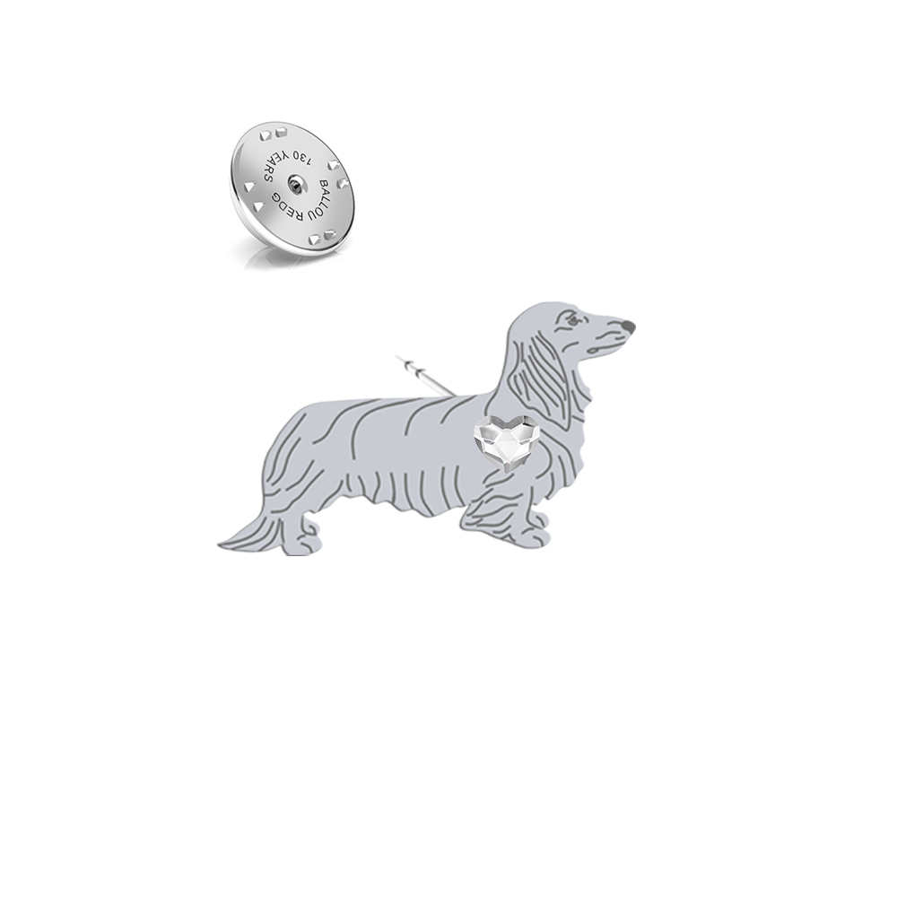 Silver Long-haired dachshund pin with a heart - MEJK Jewellery