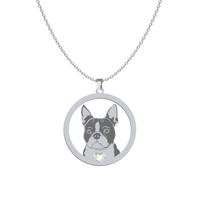 Silver Boston Terrier engraved necklace with a heart - MEJK Jewellery