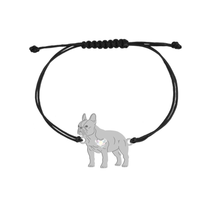 Bransoletka z psem sercem Bulldog Francuski srebro sznurek GRAWER GRATIS - MEJK Jewellery