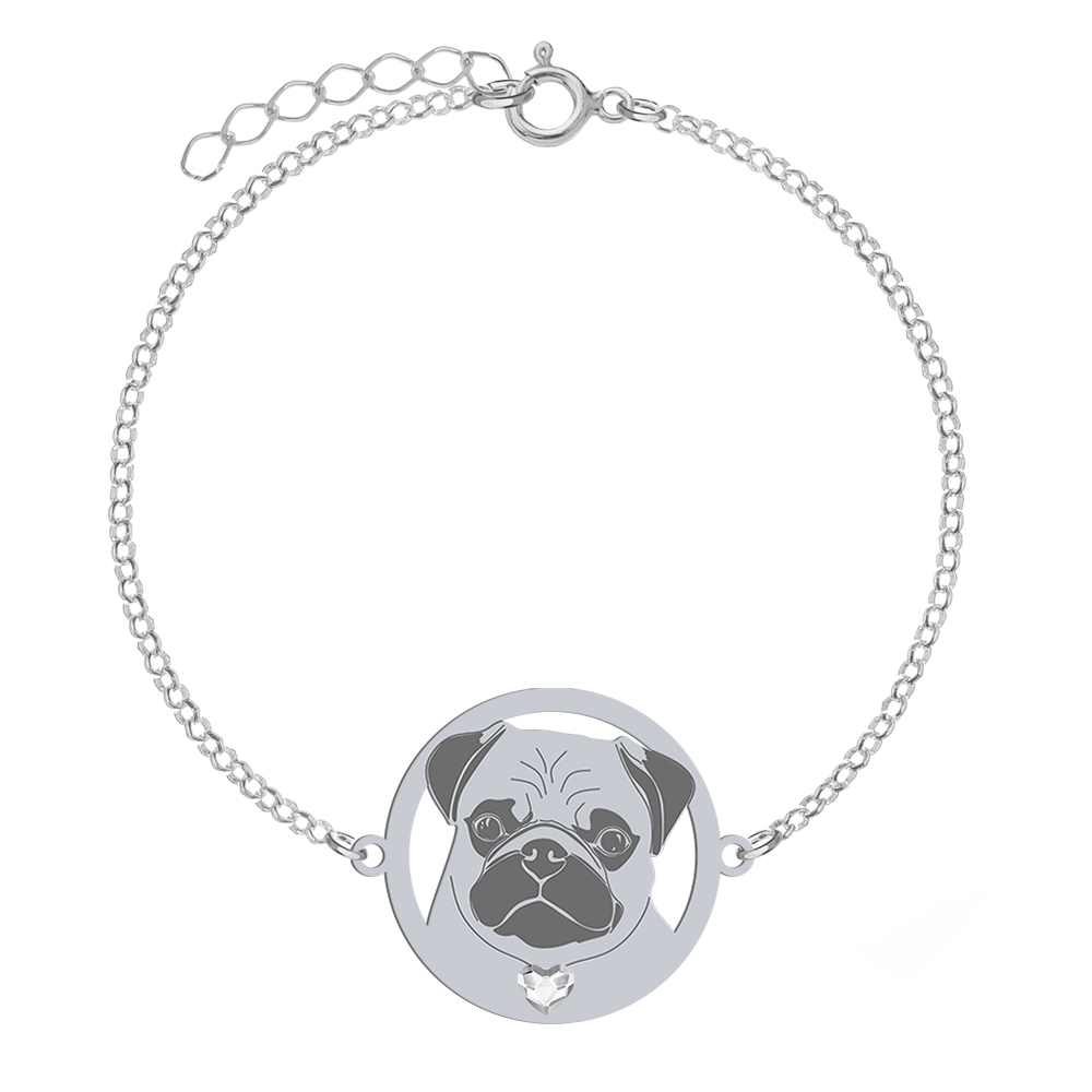 Silver Pug bracelet with a heart, FREE ENGRAVING - MEJK Jewellery