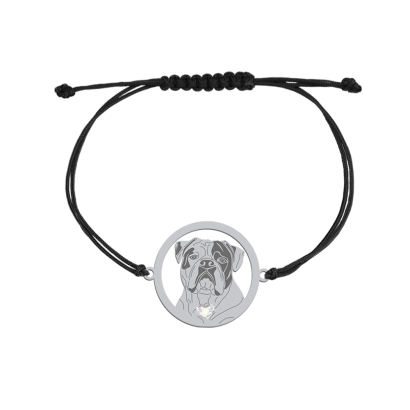 Bransoletka z psem sercem Bulldog Amerykański srebro sznurek GRAWER GRATIS - MEJK Jewellery