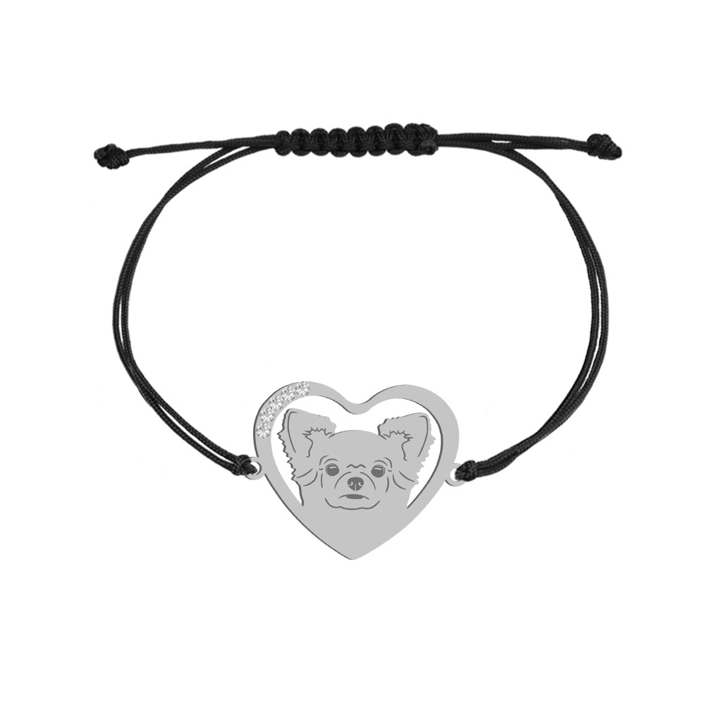 Bransoletka z psem grawerem sercem Chihuahua Długowłosa srebro sznurek - MEJK Jewellery