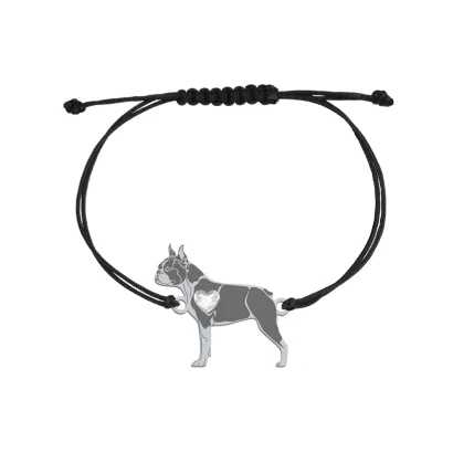 Bransoletka z psem sercem Boston Terrier srebro sznurek GRAWER GRATIS - MEJK Jewellery
