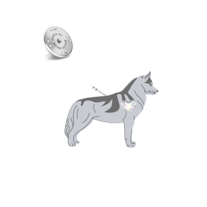 Silver Siberian Husky pin with a heart - MEJK Jewellery