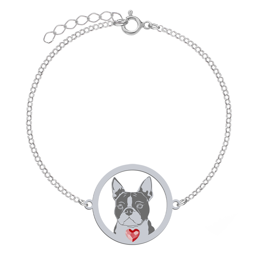 Silver Boston Terrier bracelet with a heart, FREE ENGRAVING - MEJK Jewellery