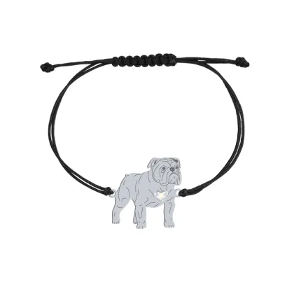 Bransoletka z psem sercem Bulldog Angielski srebro sznurek GRAWER GRATIS - MEJK Jewellery