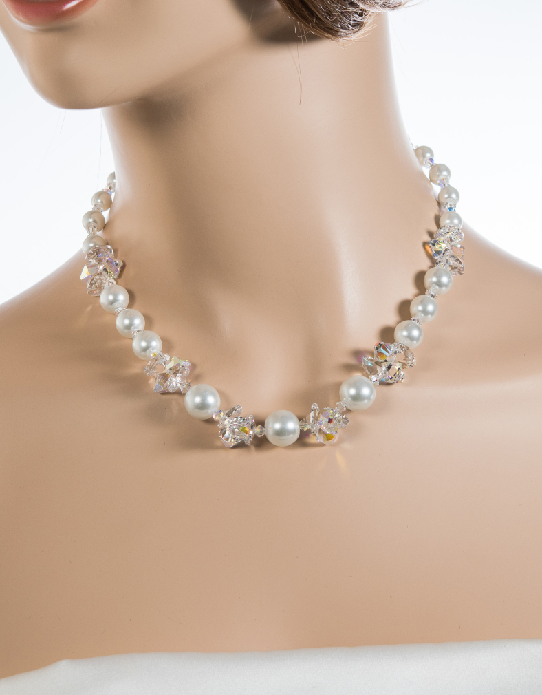 Naszyjnik Biżuteria Ślubna z perłami kryształami srebro