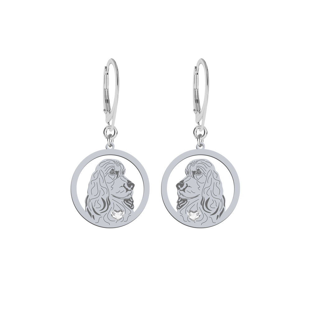 Silver English Cocker Spaniel engraved earrings with a heart - MEJK Jewellery