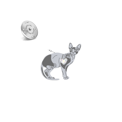 Silver Sphynx Cat pin with a heart - MEJK Jewellery