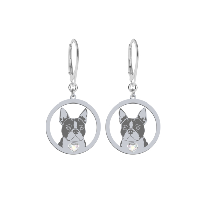 Silver Boston Terrier earrings with a heart, FREE ENGRAVING - MEJK Jewellery