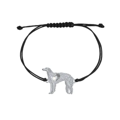 Bransoletka z psem sercem Chartem Rosyjskim srebro sznurek GRAWER GRATIS - MEJK Jewellery