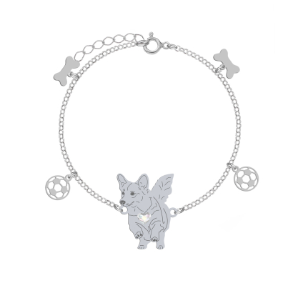 Silver Welsh Corgi Pembroke bracelet with a heart, FREE ENGRAVING - MEJK Jewellery