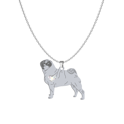 Silver Pug necklace with a heart, FREE ENGRAVING - MEJK Jewellery