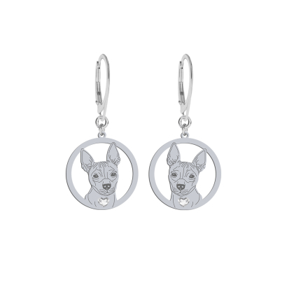 Silver American Hairless Terrier engraved earrings with a heart - MEJK Jewellery