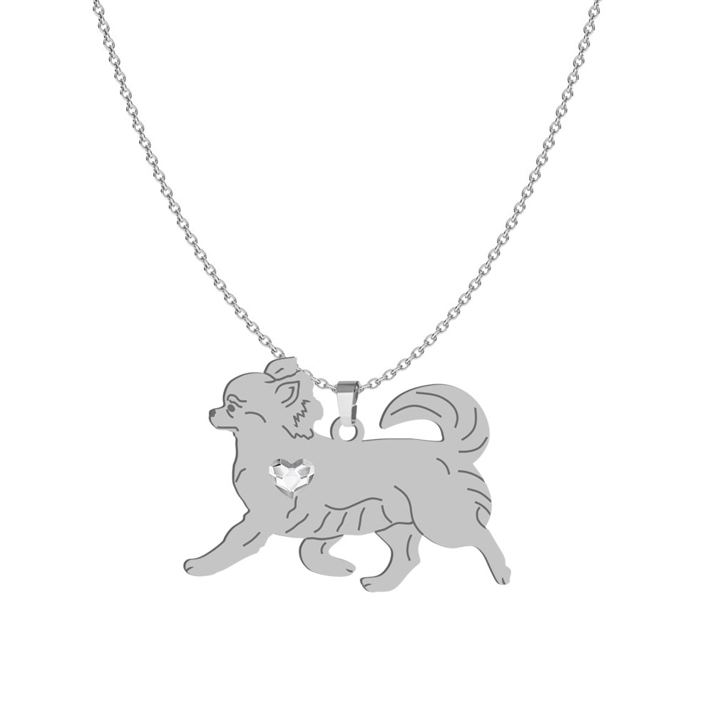 Silver Long-haired Chihuahua engraved necklace with a heart - MEJK Jewellery