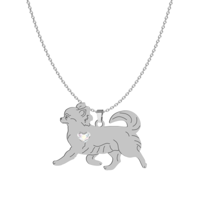 Silver Long-haired Chihuahua engraved necklace with a heart - MEJK Jewellery
