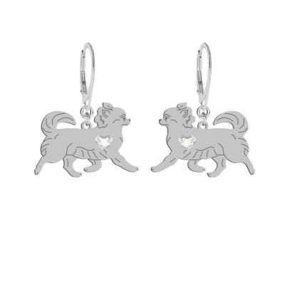 Silver Long-haired Chihuahua engraved earrings with a heart - MEJK Jewellery