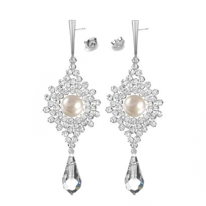 Kolczyki ślubne wiszące z kryształami i perłami srebro
