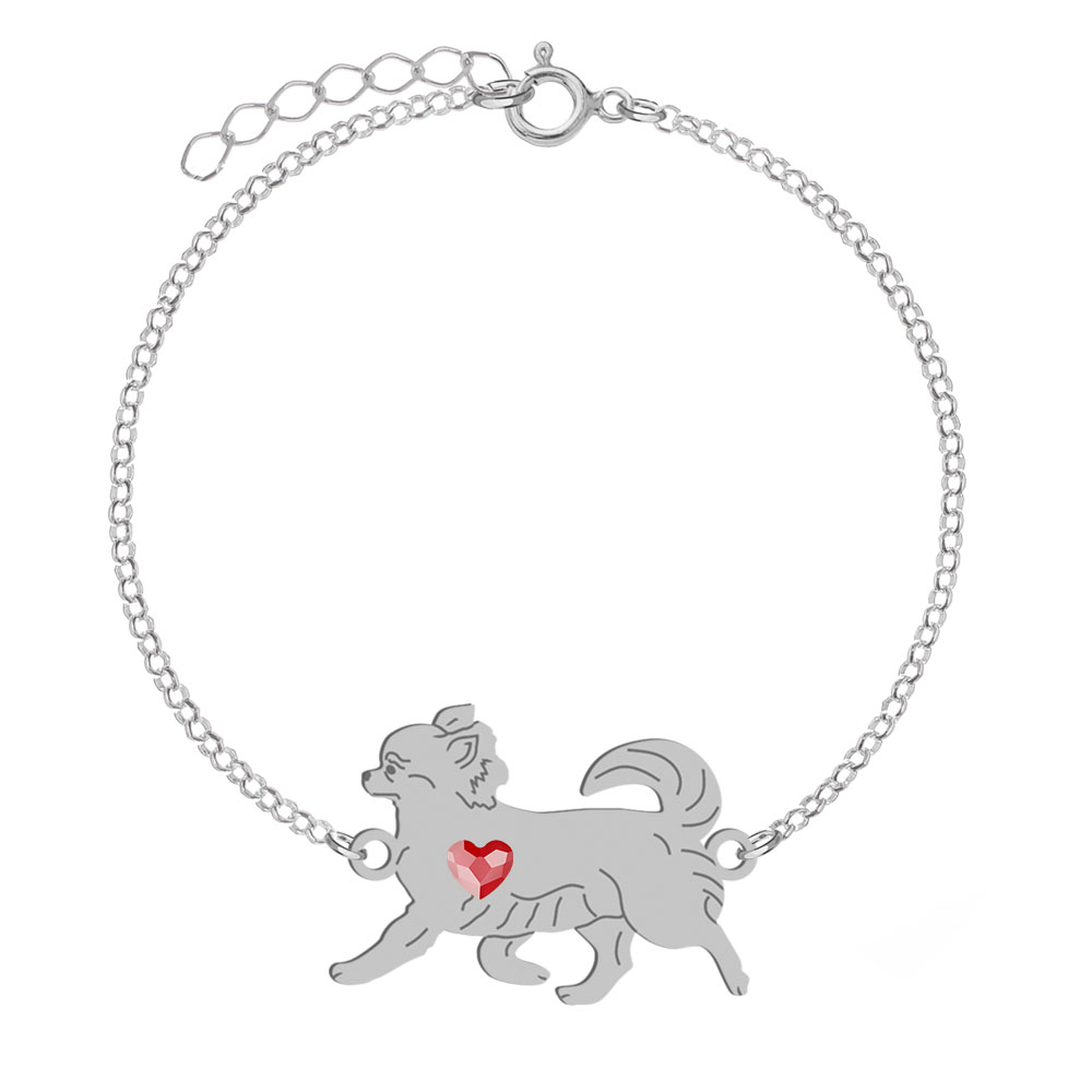Silver Long-haired Chihuahua bracelet with a heart, FREE ENGRAVING - MEJK Jewellery