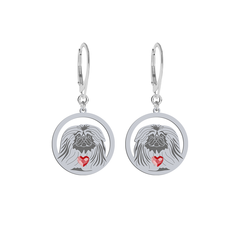 Silver Pekingese earrings with a heart, FREE ENGRAVING - MEJK Jewellery
