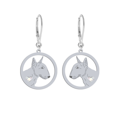 Silver Miniature Bull Terrier engraved earrings with a heart - MEJK Jewellery