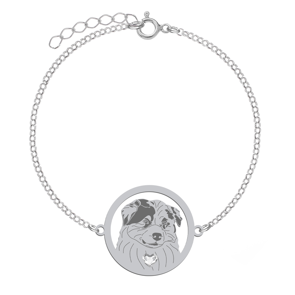 Silver Australian Shepherd bracelet with a heart, FREE ENGRAVING - MEJK Jewellery