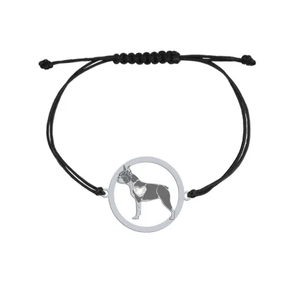 Bransoletka z psem sercem Boston Terrier srebro sznurek GRAWER GRATIS- MEJK Jewellery