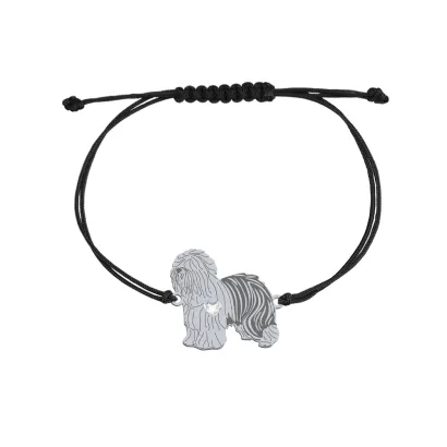Bransoletka z sercem psem Bobtail srebro sznurek GRAWER GRATIS - MEJK Jewellery