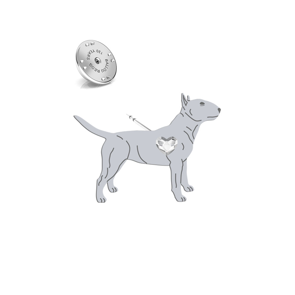 Silver Miniature Bull Terrier pin with a heart - MEJK Jewellery